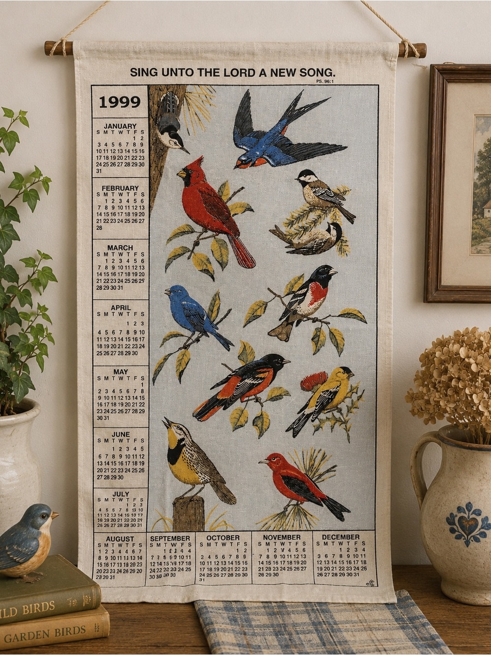 Vintage 1999 Songbird Linen Wall Hanging Calendar Cottagecore Decor